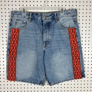 Asos Y2K Denim Blue Jean Jorts‎ Shorts Size 36 Western Aztec Orange Button Fly